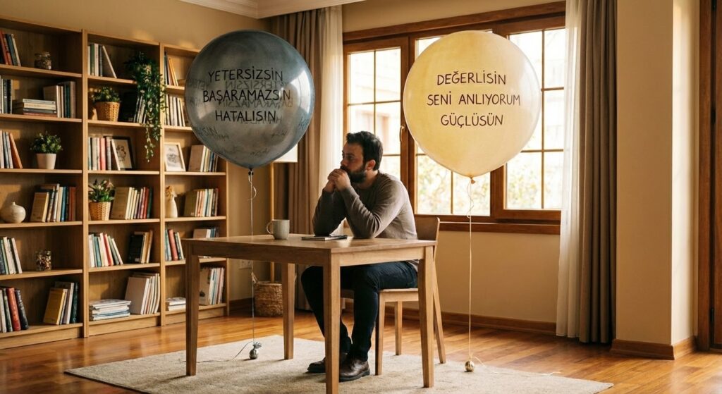 dusunceli-adam-gorseli-dusunce-balonlari-1024x559 Kendinle Sağlıklı Konuşma: İç Diyaloglarını Dönüştürmenin Bilimsel Yolları